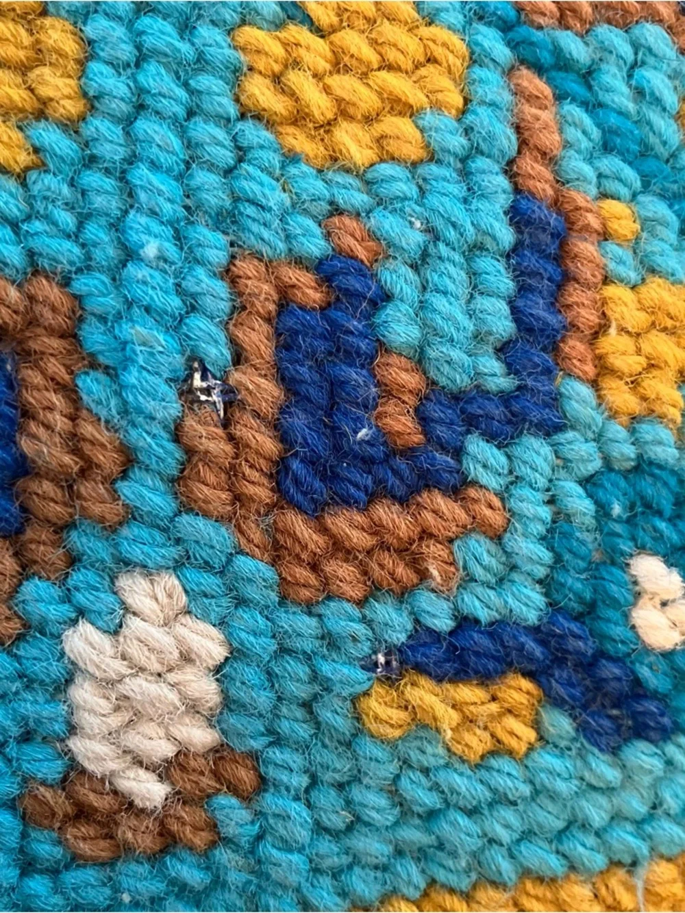 VTG Handmade Needlepoint Throw Pillow Blue Gold Geometric Square Scandi 12 x 12